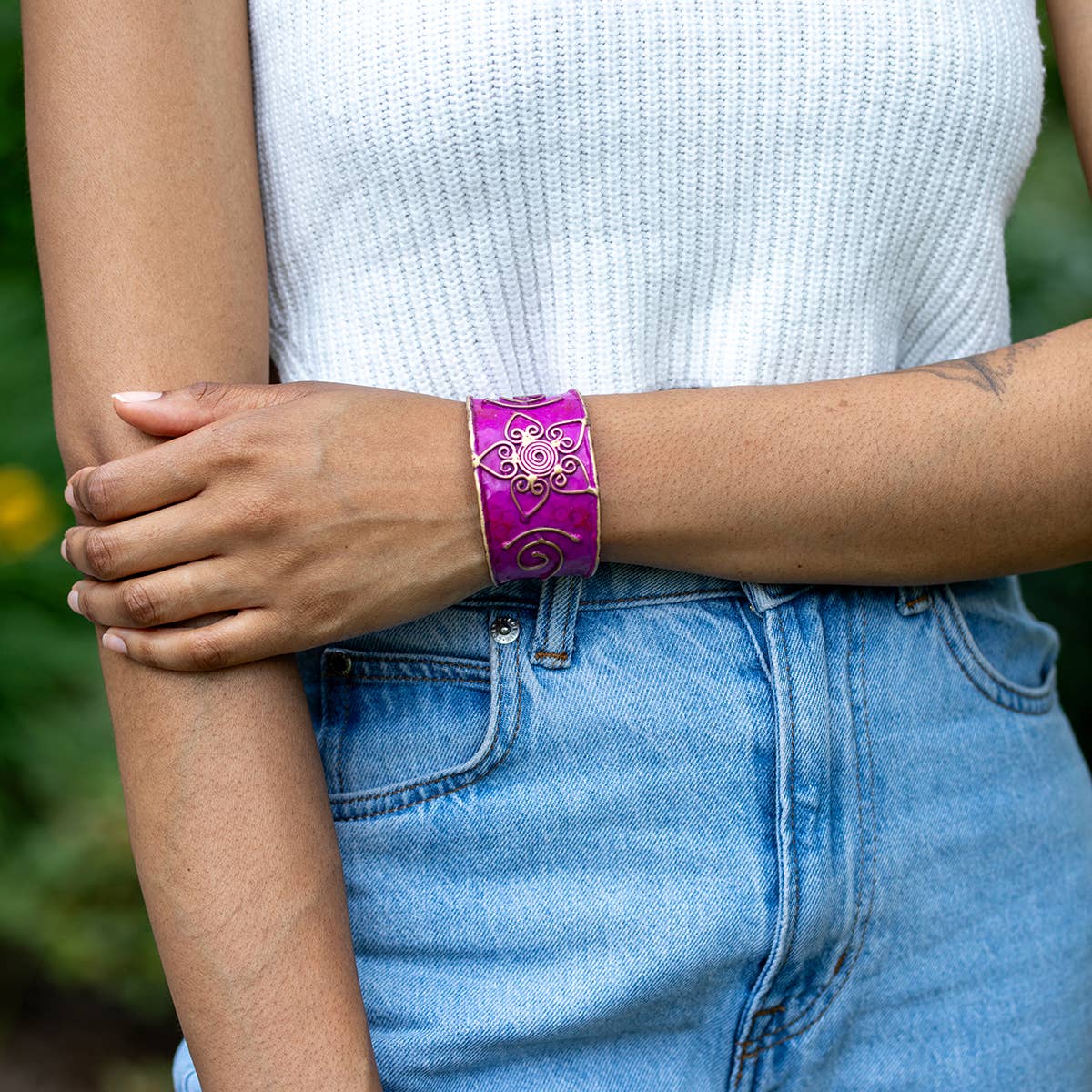 Brass Patina Cuff Bracelet - Pink Lotus