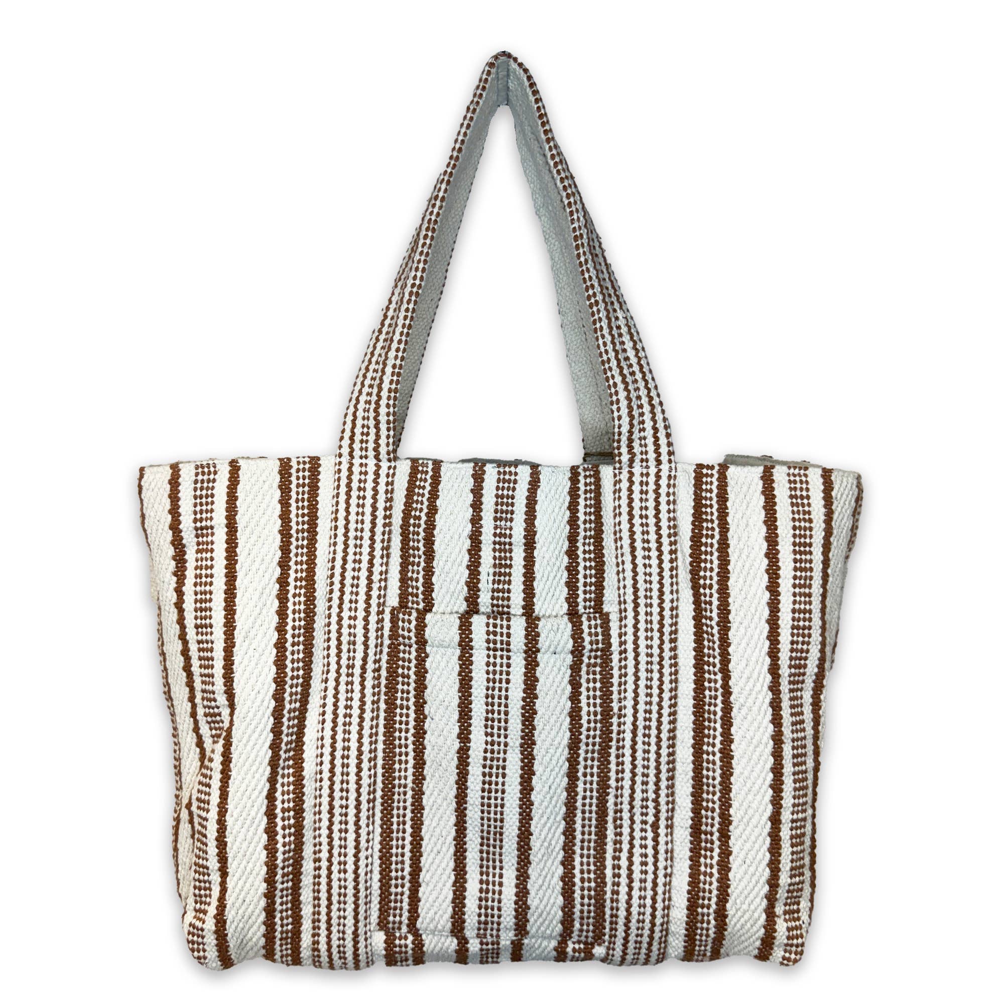 Aruba Tote - Camel and White Stripes Cotton Dhurrie Tote