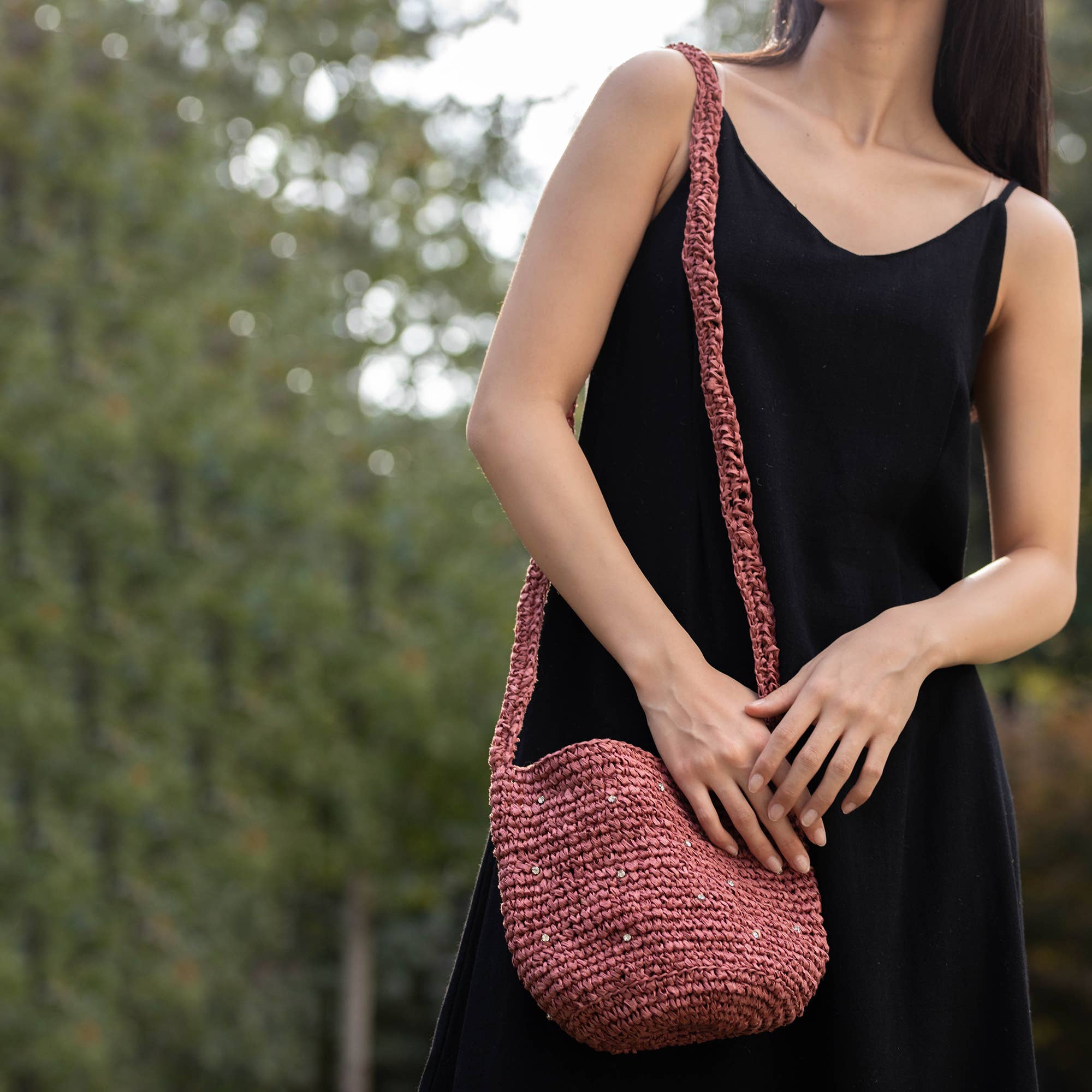 Sylvie Bag - Raffia Bucket Bag with Rhinestones - Pink