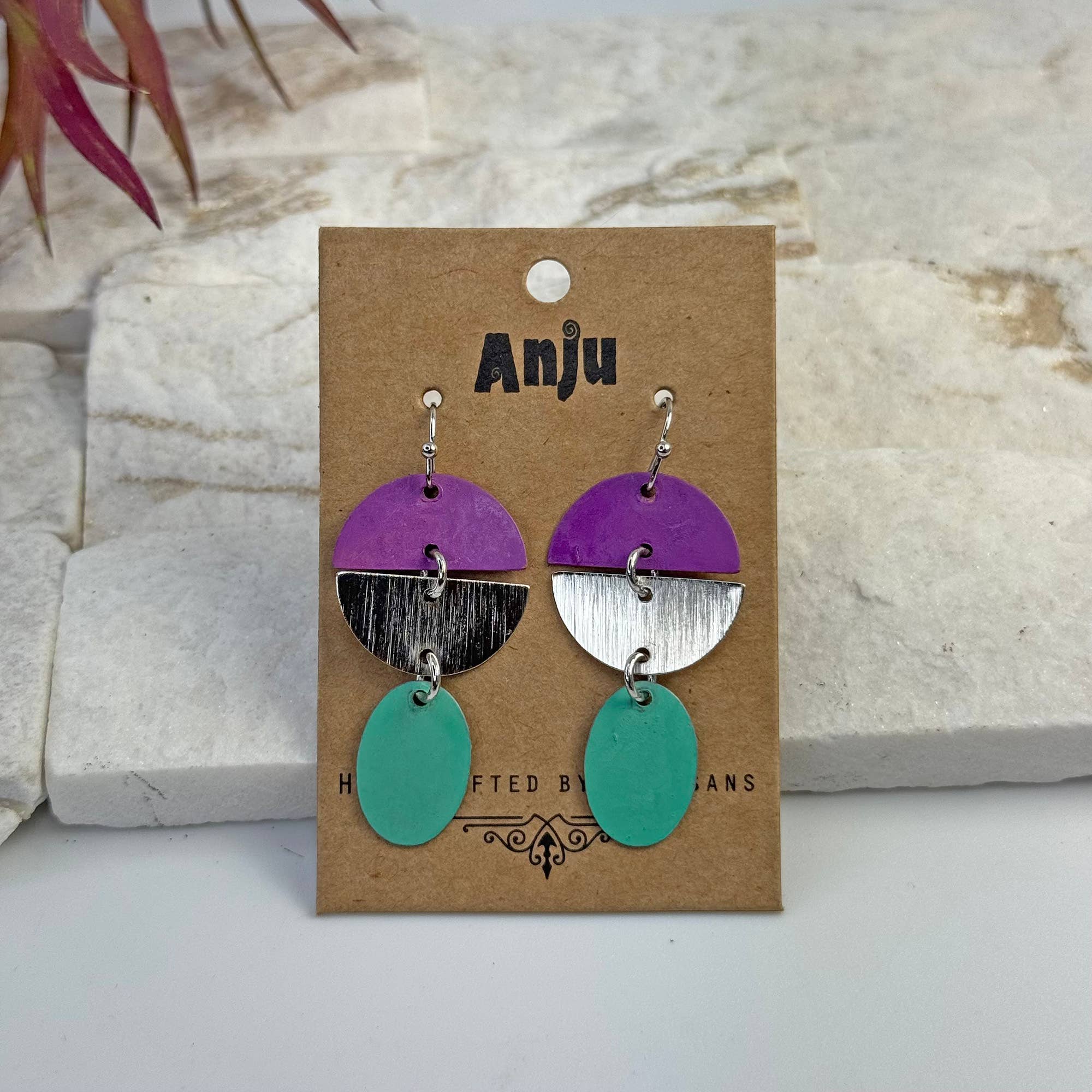 Handcrafted Purple & Green Patina Geometric Earrings