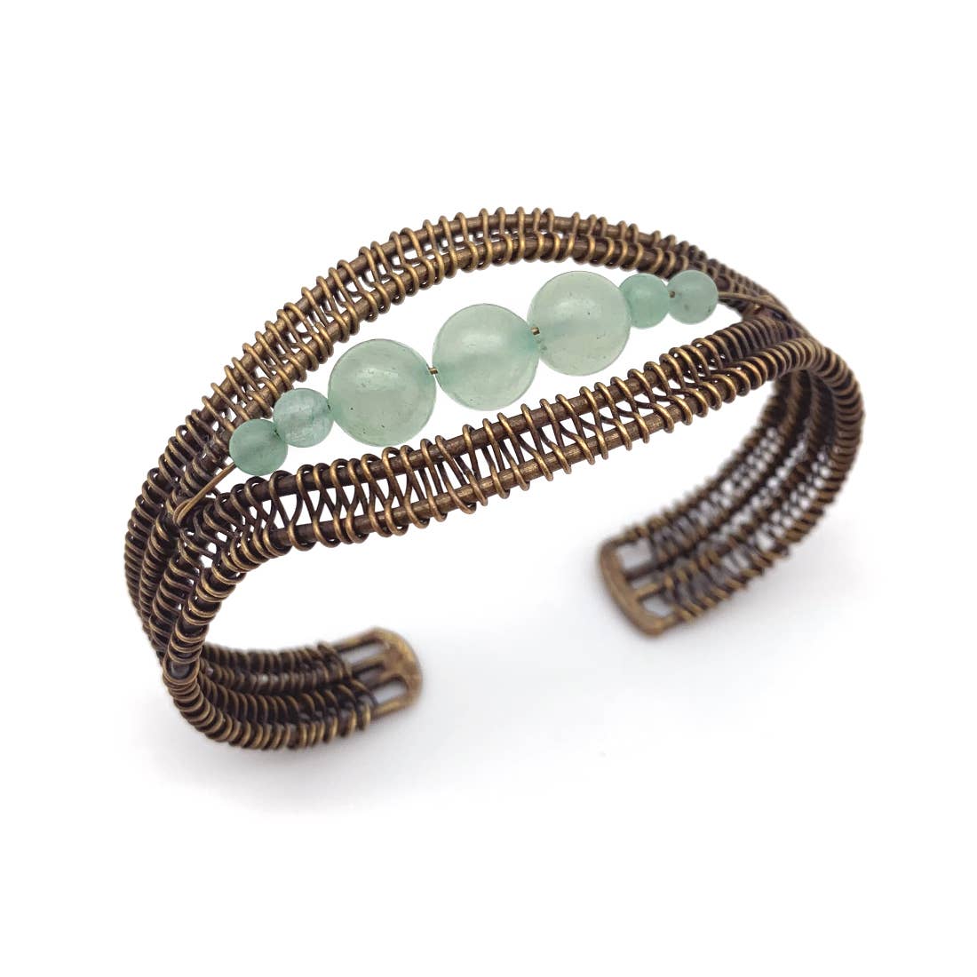 Wire-Wrapped Stone Cuff - Antique Brass with Aventurine