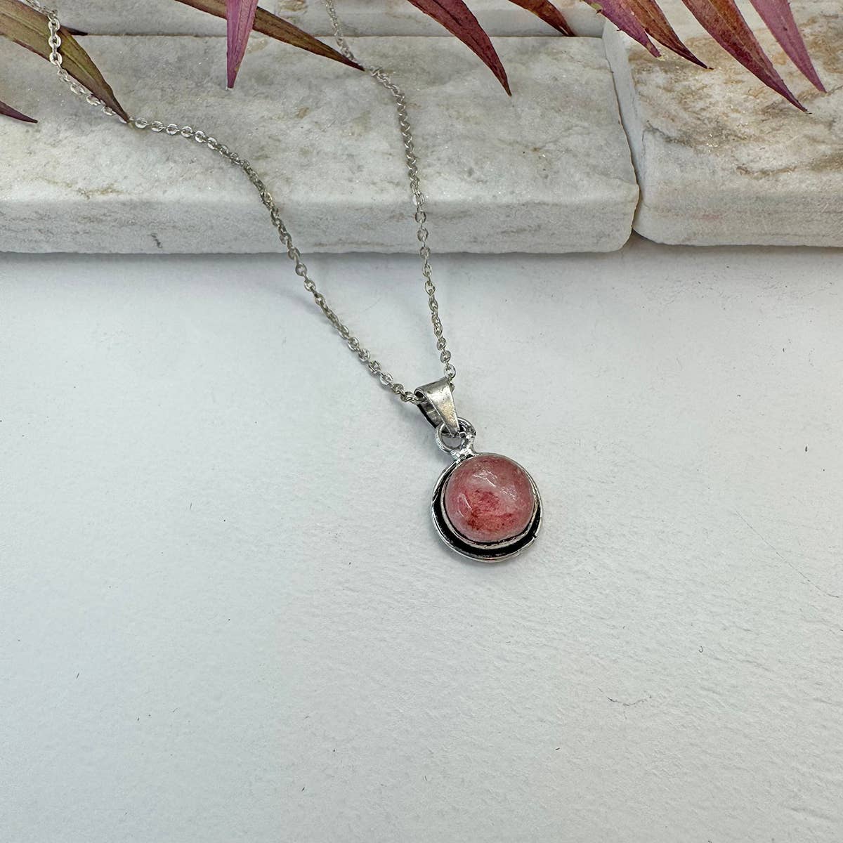 Handcrafted Semiprecious Small Stone Necklace - Rhodonite