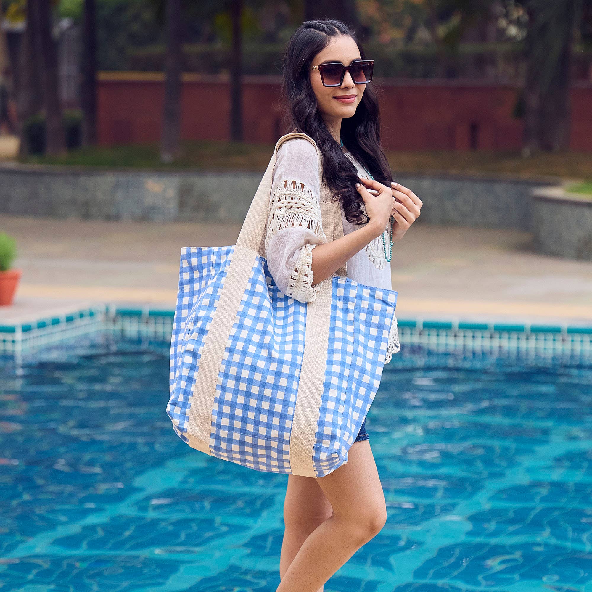 Handcrafted Canvas Bag with Block-Printed Blue Gingham Bliss