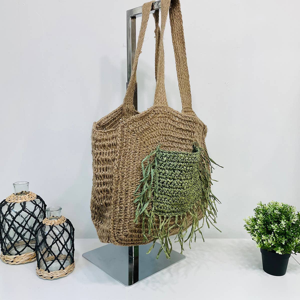 Lana Woven Jute Bag with Color Raffia Pocket