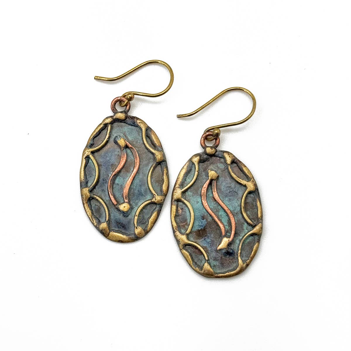 Handcrafted Rustic Blue & Copper Swirl Brass Patina Earrings