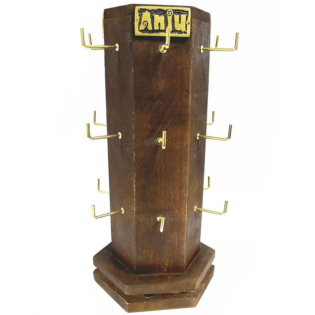 Brown Wooden 6 Sided Spinner Display - 3 Hooks On Each Panel