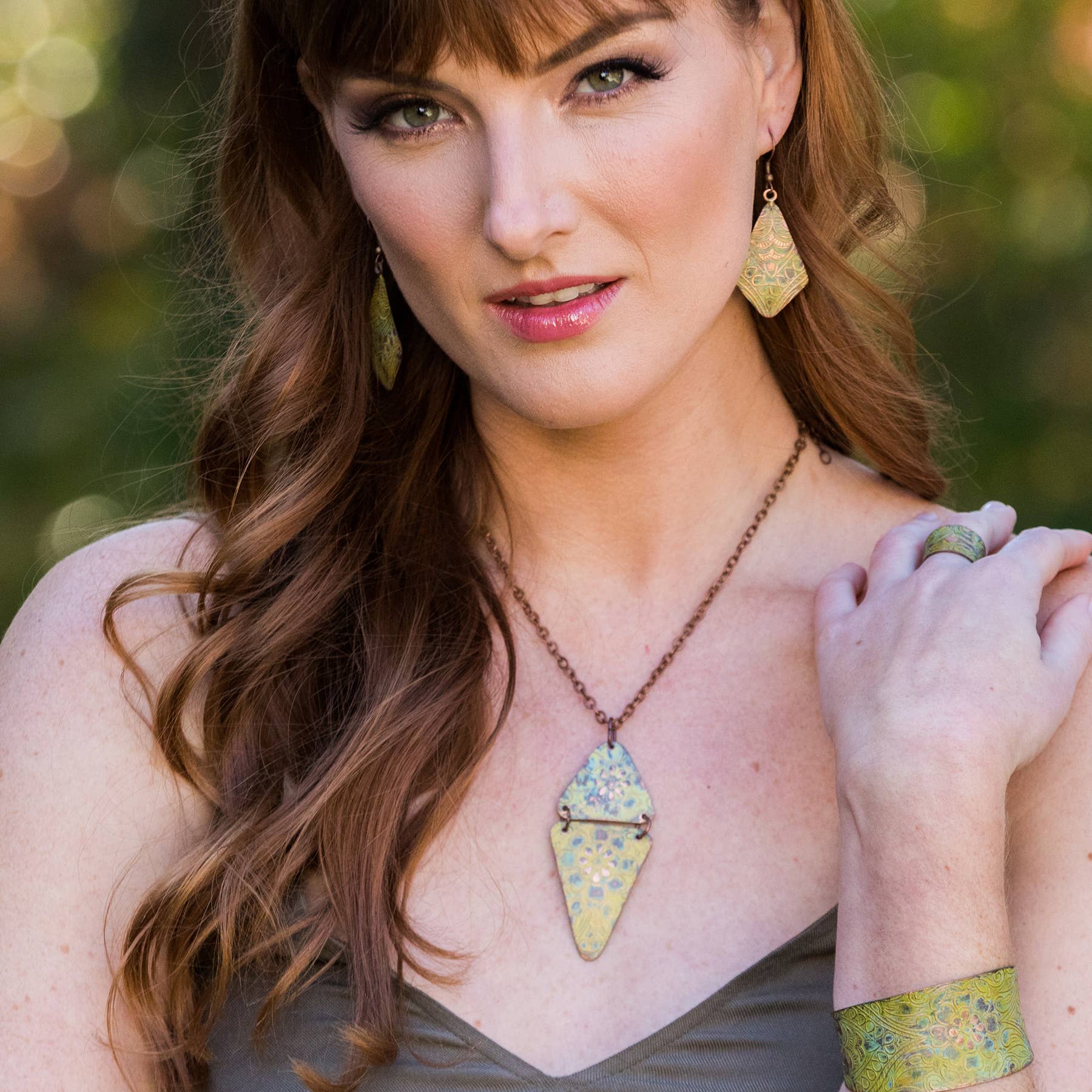 Copper Patina Necklace - Light Green Floral