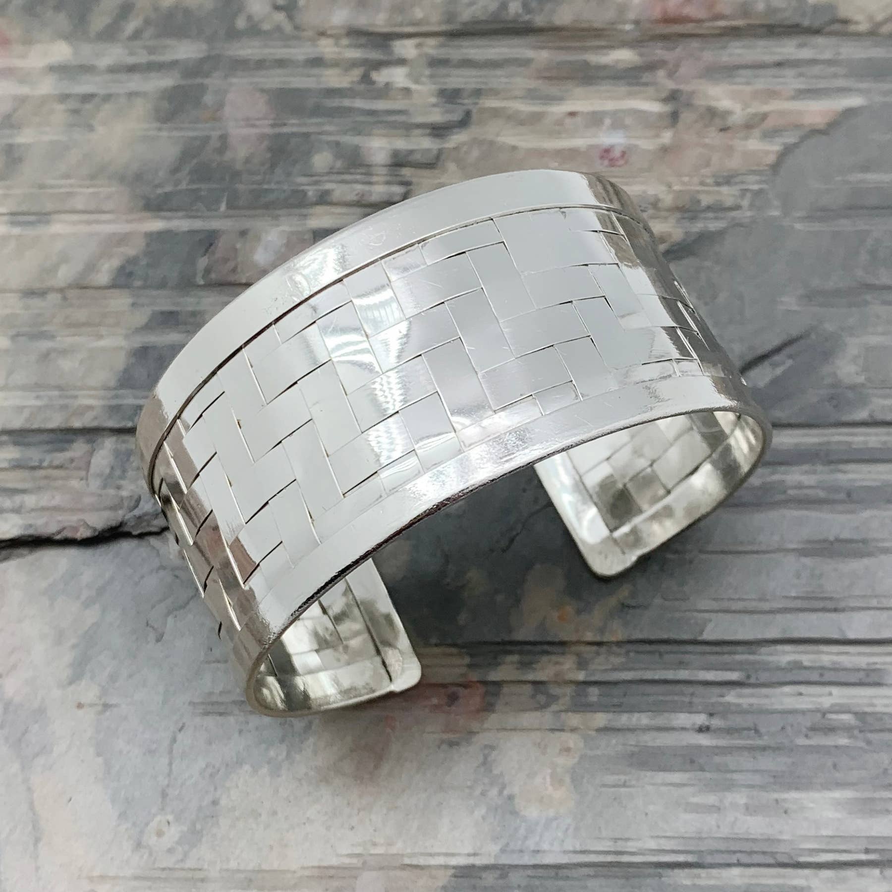 Silver Plated Adjustable Cuff Bracelet - Basketweave