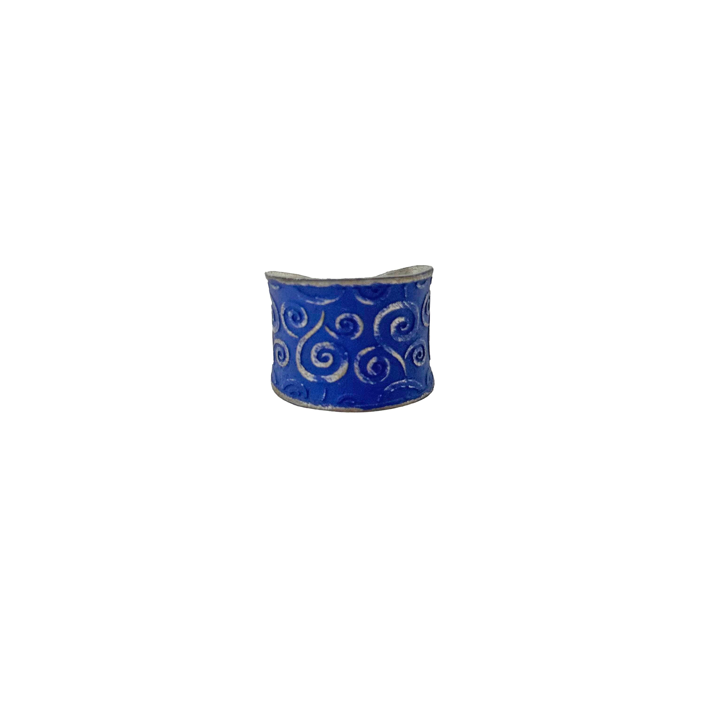 Handcrafted Silver Patina Royal Blue Scrollwork Ring