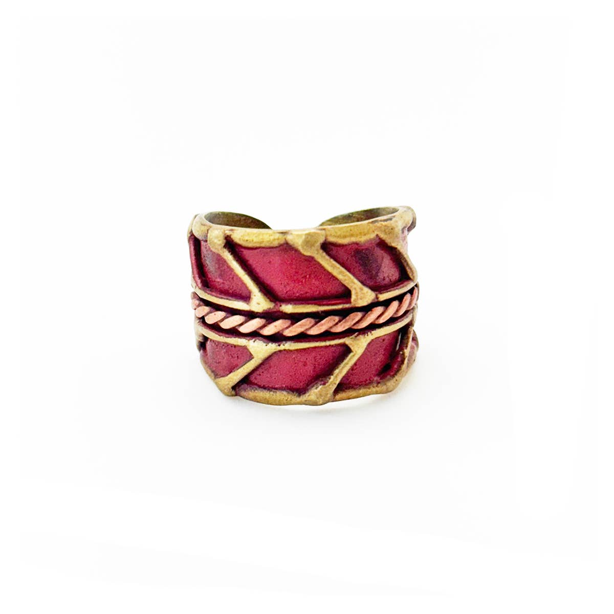 Handcrafted Cranberry Red Herringbone Brass Patina Ring