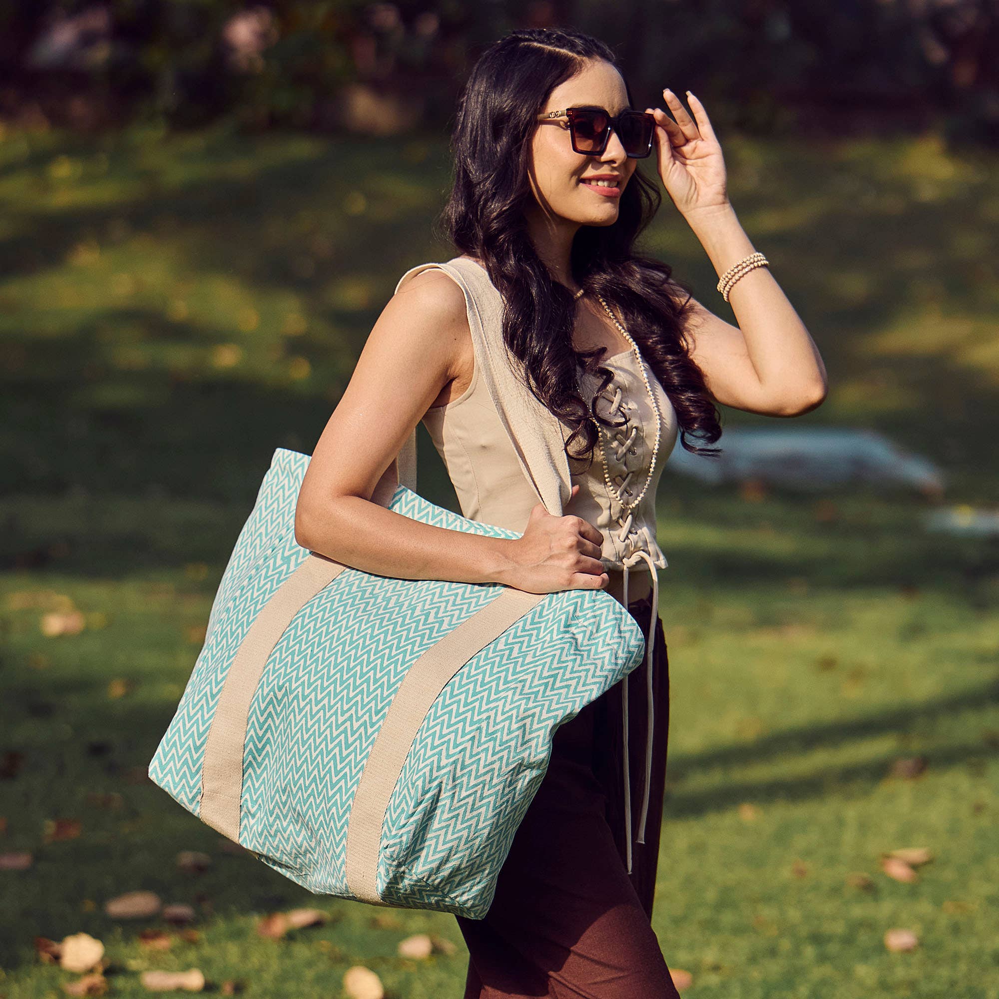Handcrafted Canvas Bag with Block-Printed Aqua Zigzag