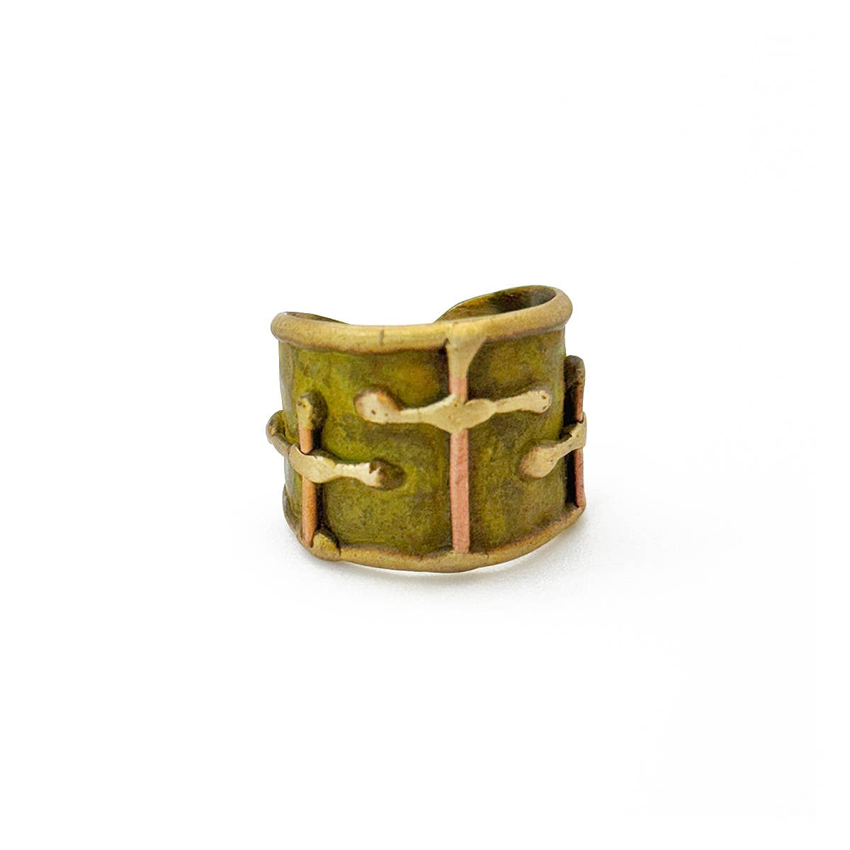 Handcrafted Olive Green Three Crosses Brass Patina Ring