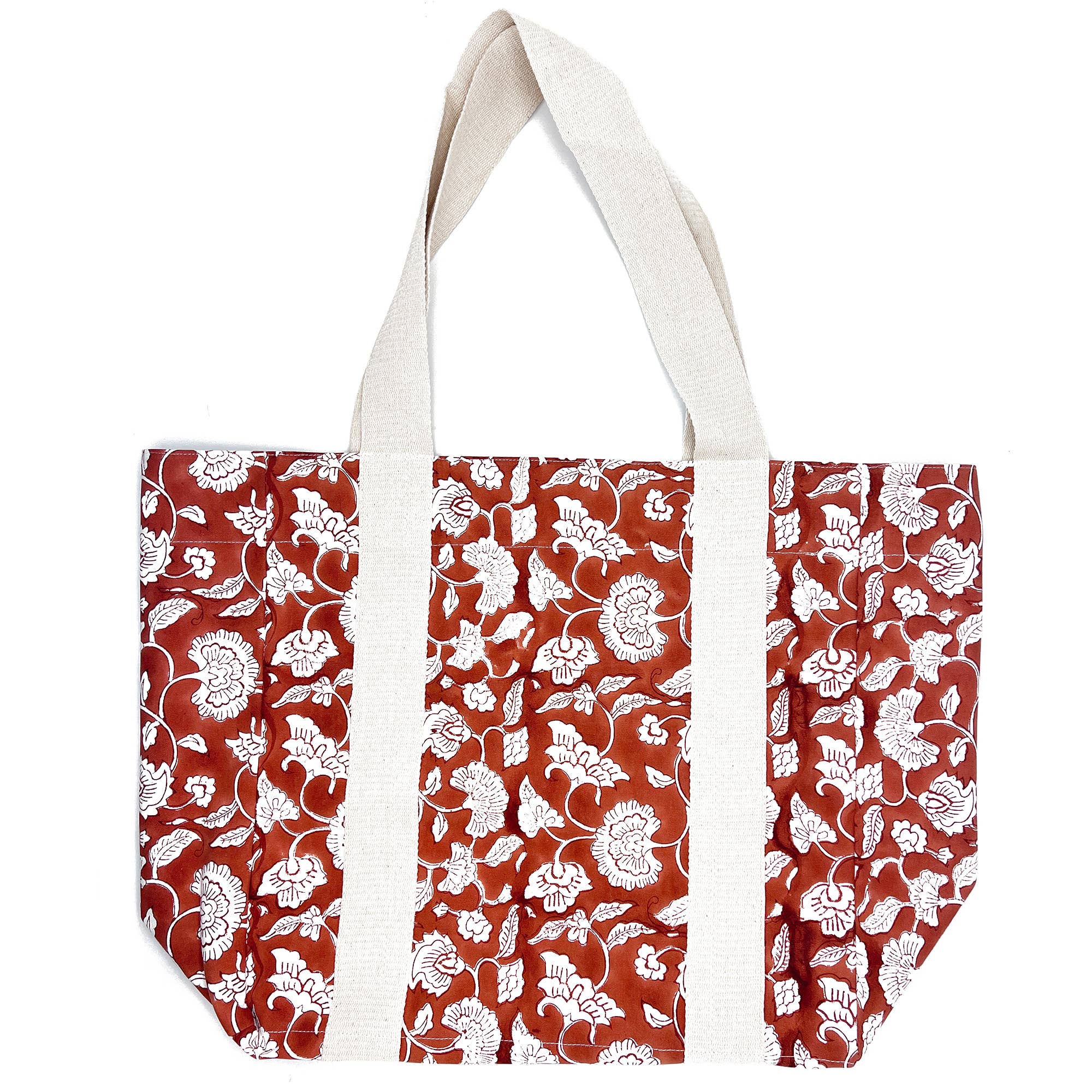 Handcrafted Canvas Bag with Block-Printed Orange Flower Bed