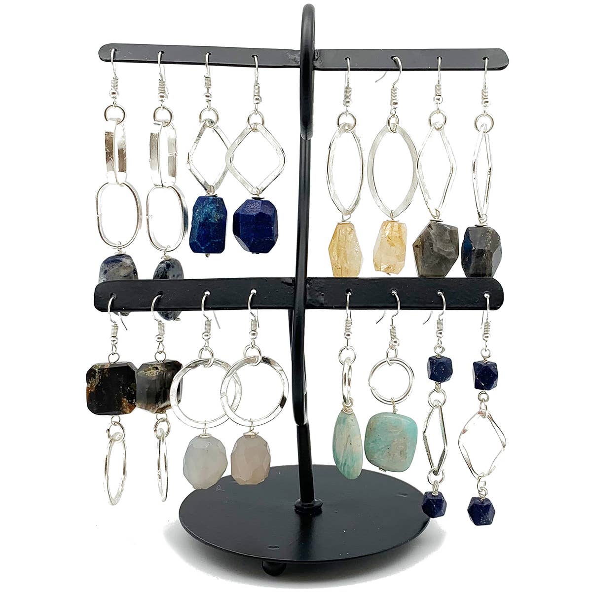 Silver Plated Semi-Precious Stone Long Earrings and Display