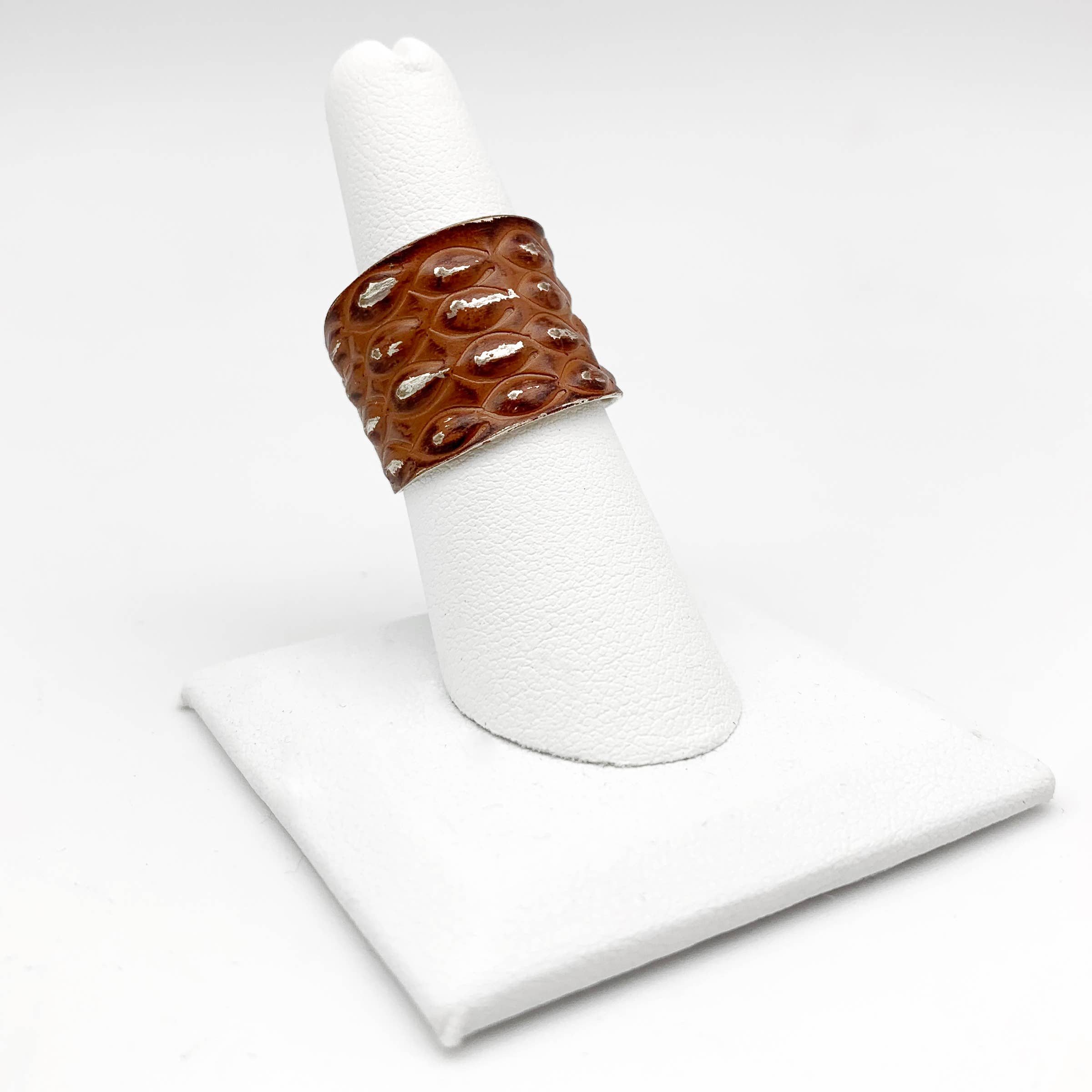 Silver Patina Ring - Rust Feather Print