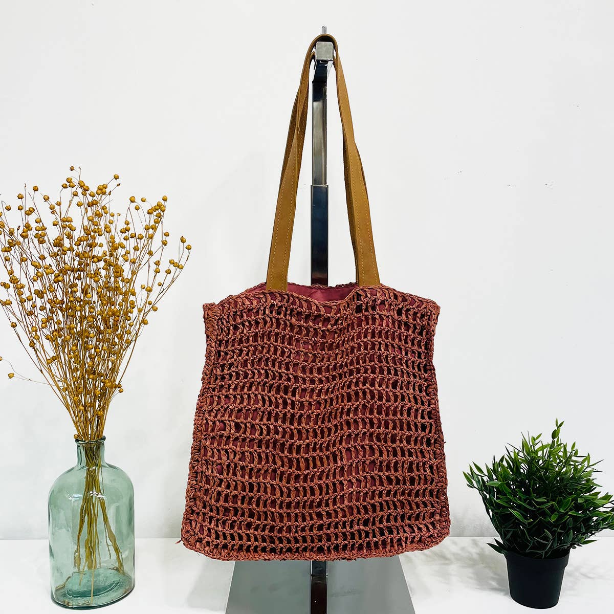 Lily Bag - Raffia bag with leather handles - Rust