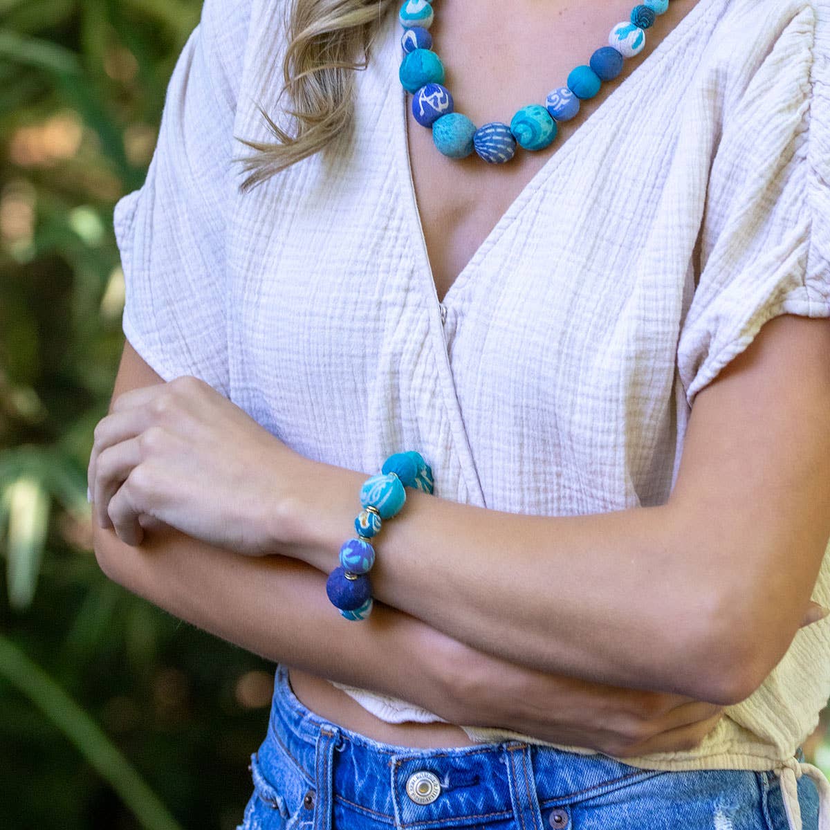 Aasha Bold Aqua Stretch Kantha Handcrafted Bracelet