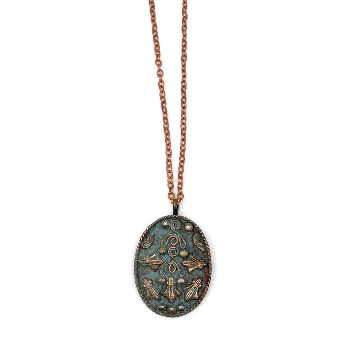 Copper Patina Necklace - Teal Filigree Wavy Lines Pendant