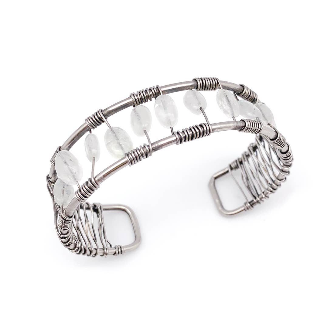 Wire-Wrapped Stone Cuff - Antique Silver with Moonstone