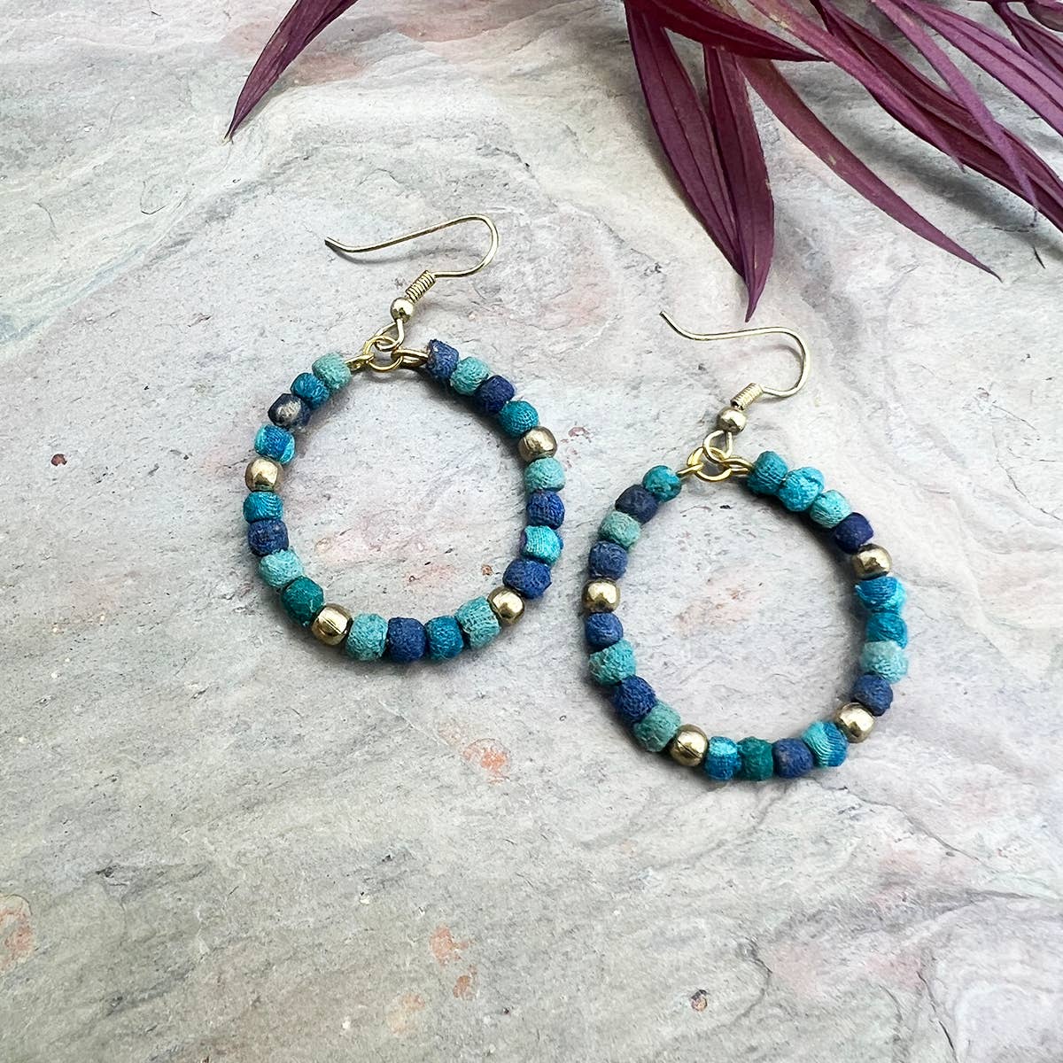 Aasha Aqua Small Beaded Hoop Kantha Earrings