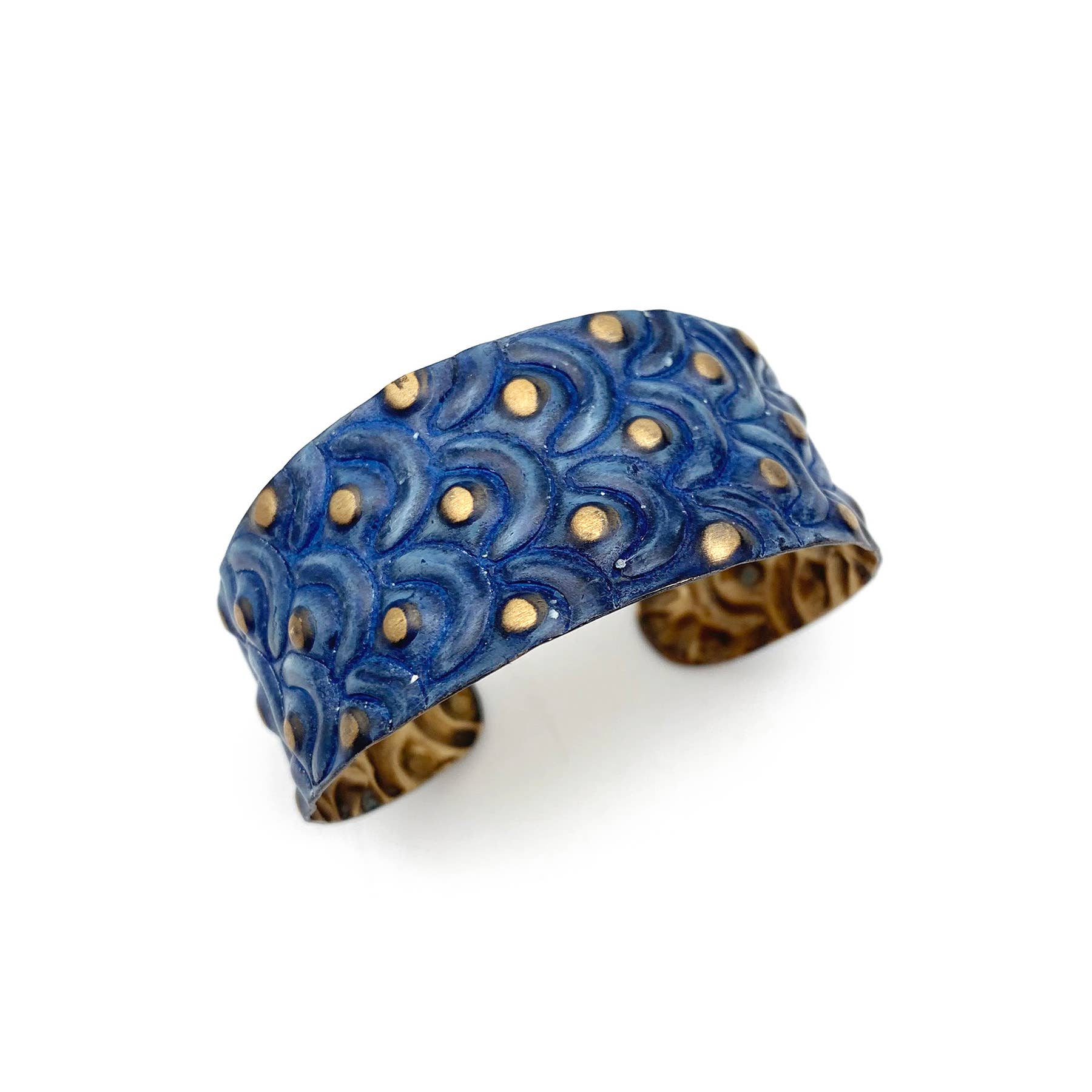 Brass Patina Bracelet - Cobalt Blue Waves and Dots