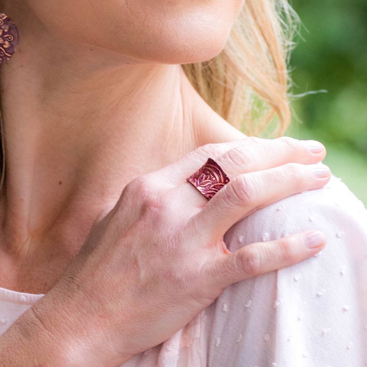 Copper Patina Ring - Red Botanical Print