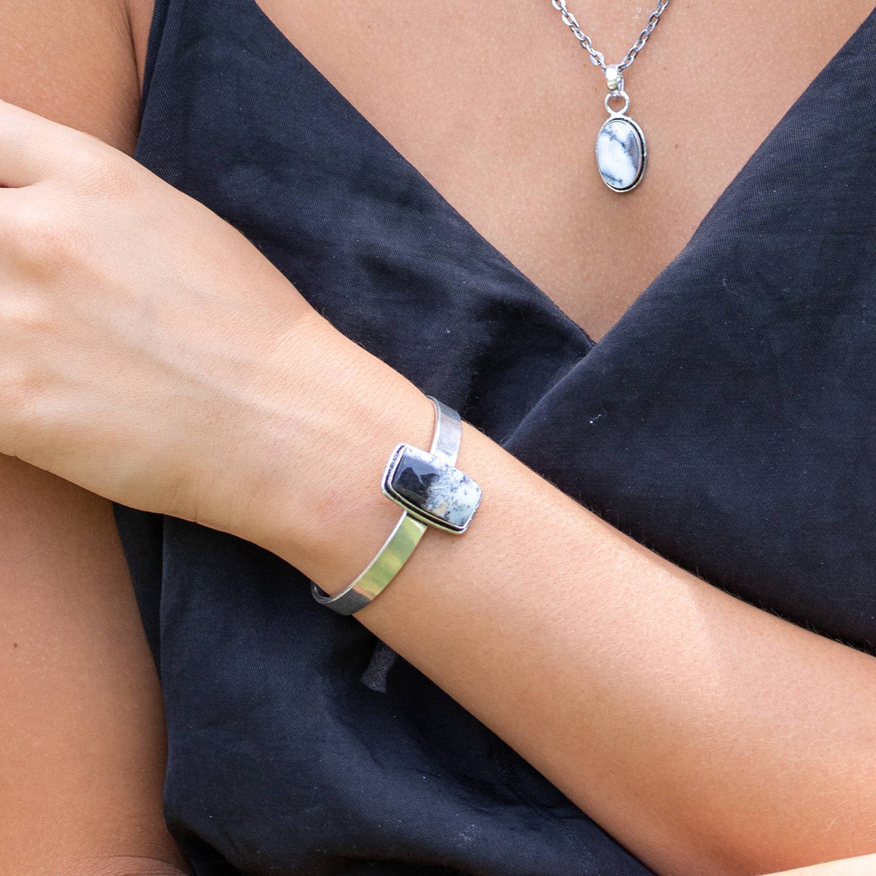 Handcrafted Kashi Semiprecious Stone Cuff - Dendritic Opal