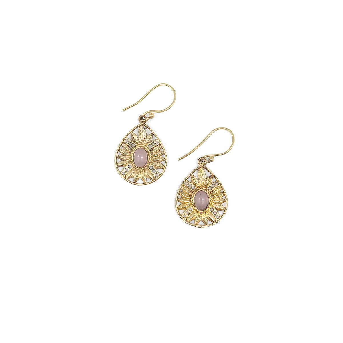 Tanvi Gold Leaves in Teardrop with Rose Quartz Earrings