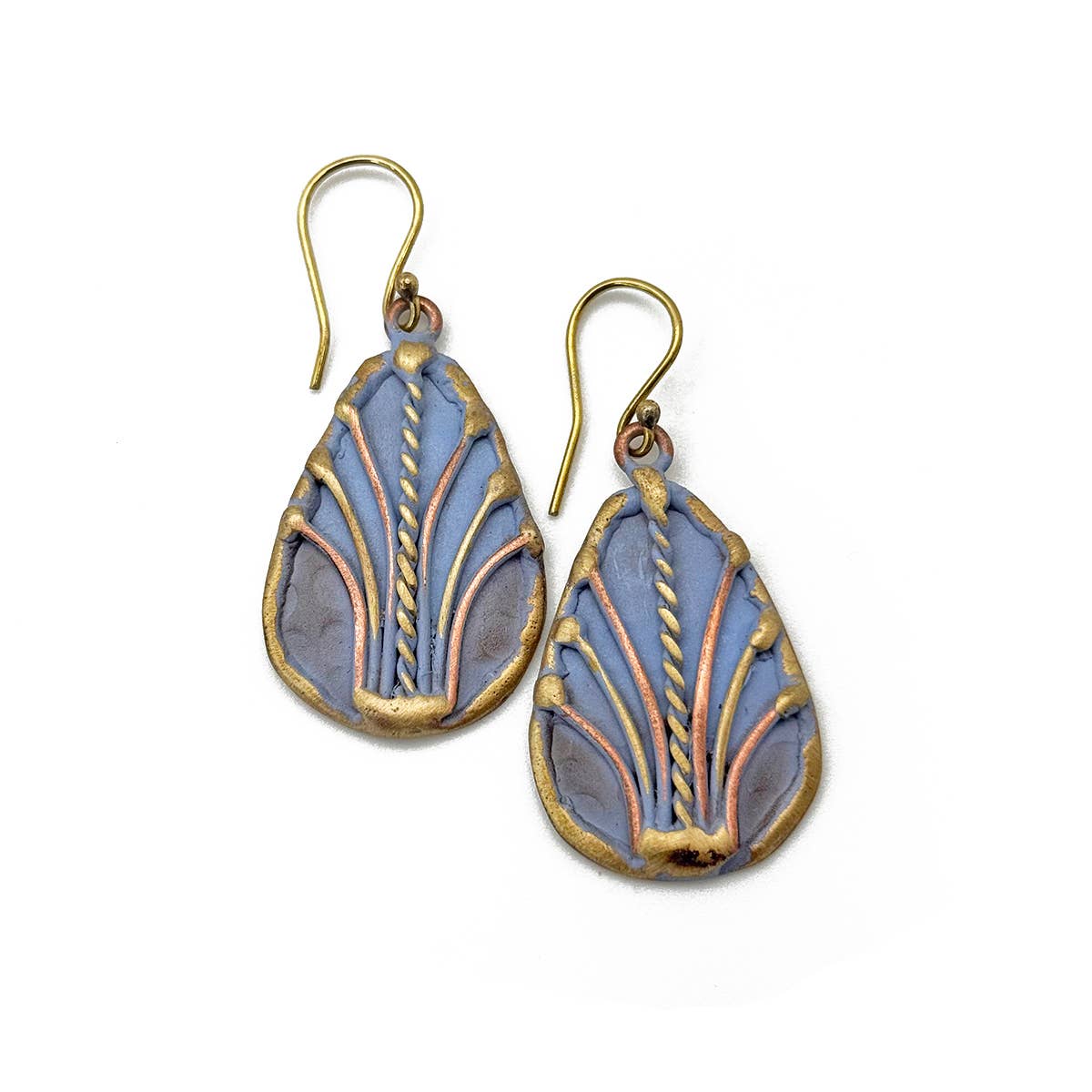 Handcrafted Dusty Blue Art Deco Brass Patina Earrings