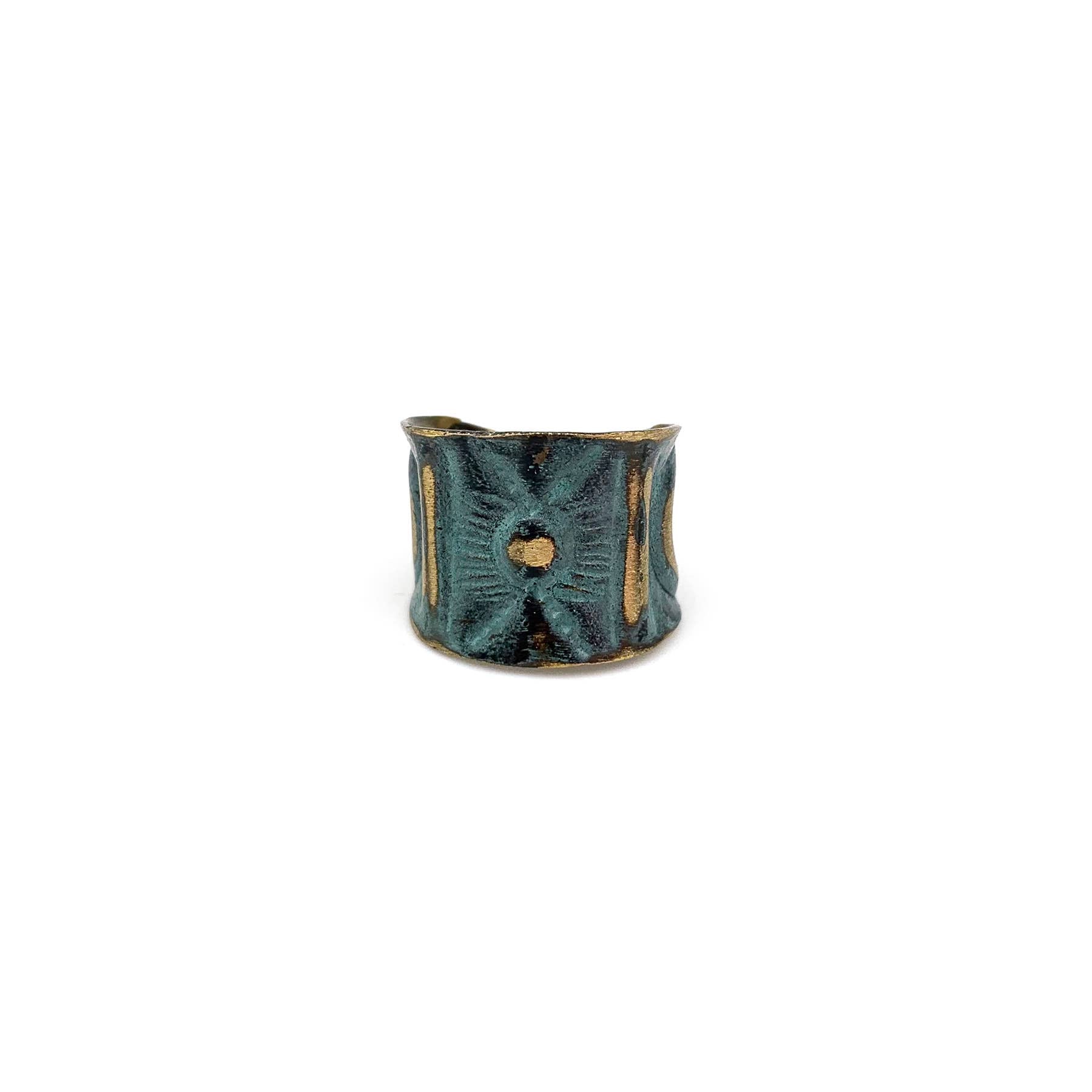 Brass Patina Ring - Aqua Sacred Geometry Allover Design