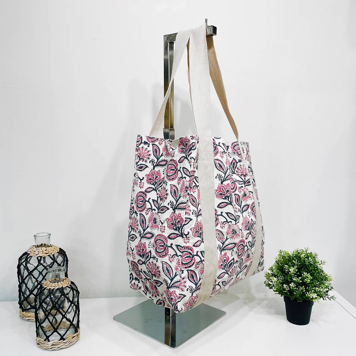 Handcrafted Canvas Bag with Block-Printed Blossoms in Violet