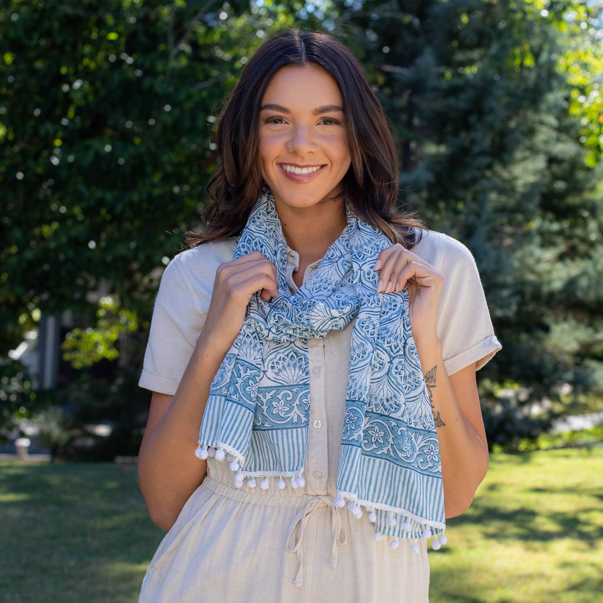 Block Printed Cotton Scarf - Grey Fanned Floral Print