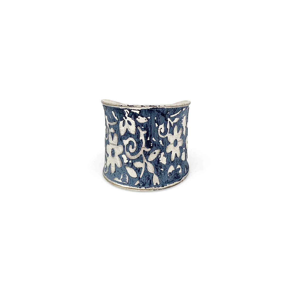 Silver Patina Ring - Blue Small Floral