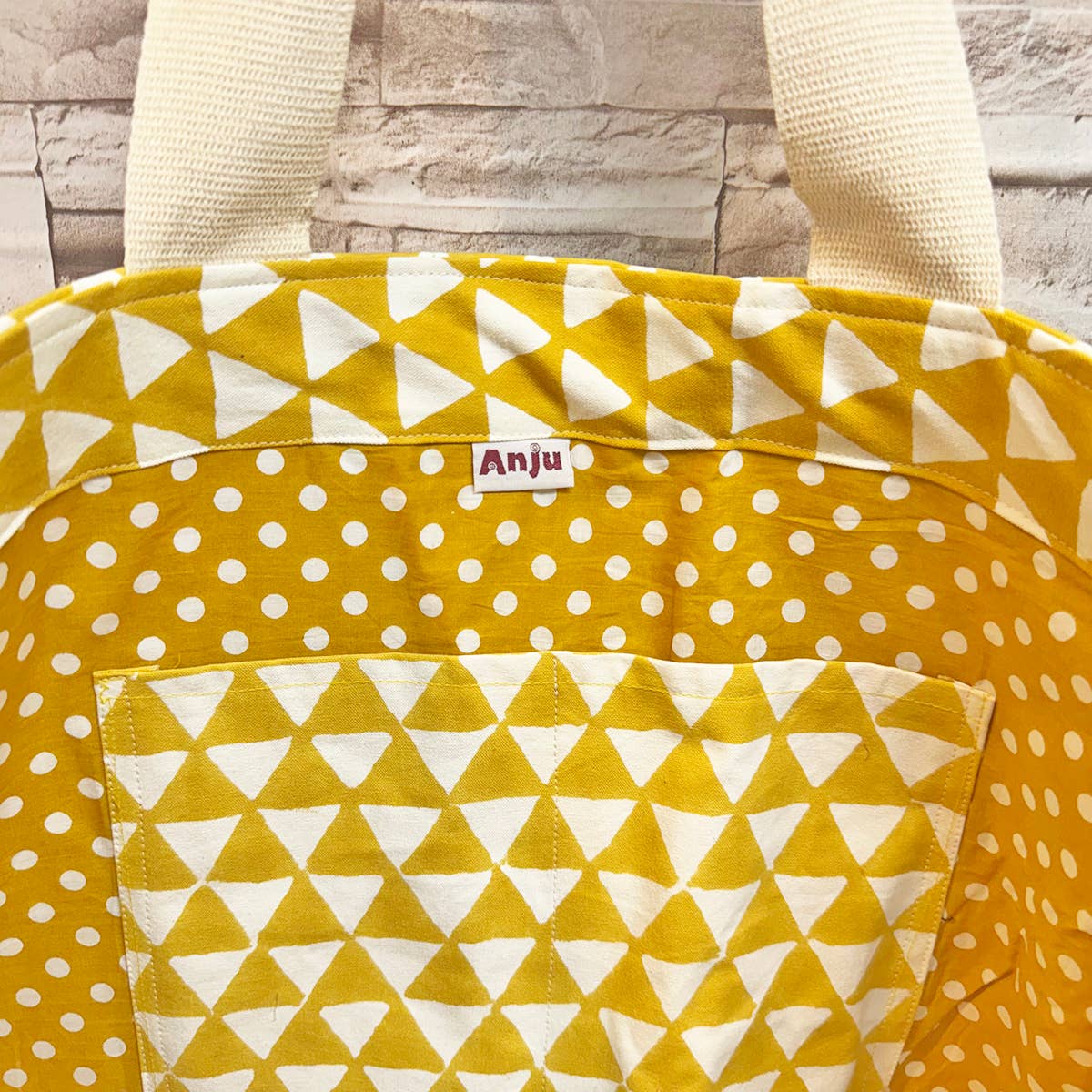 Canvas Bag with Block-Printed Yellow Geometric Pattern