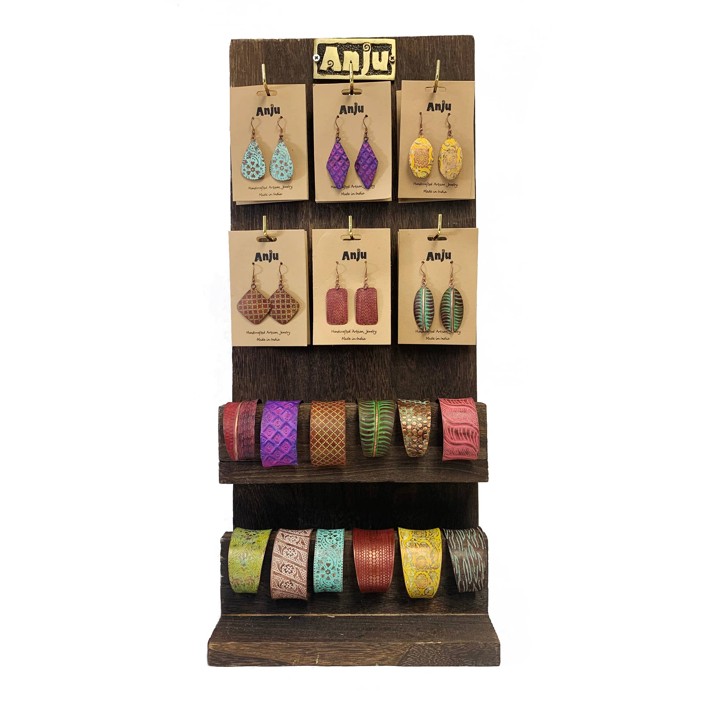 Wooden Cuff and Earring Display - 6 Hooks 2 Bracelet Shelves