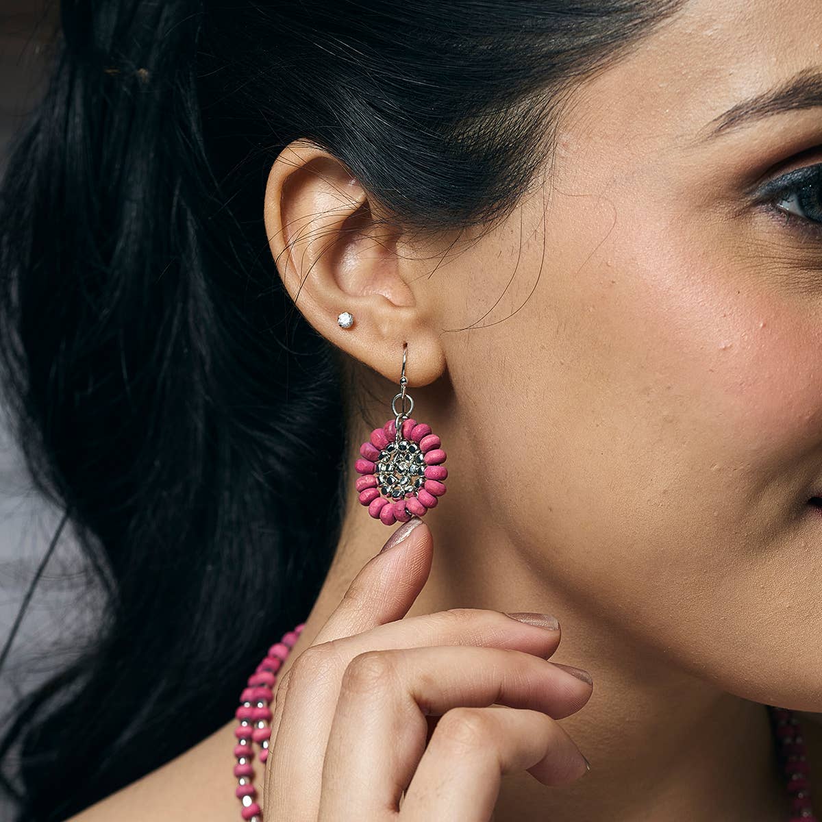 Sachi Wood Bead Flower Earrings - Fuschia