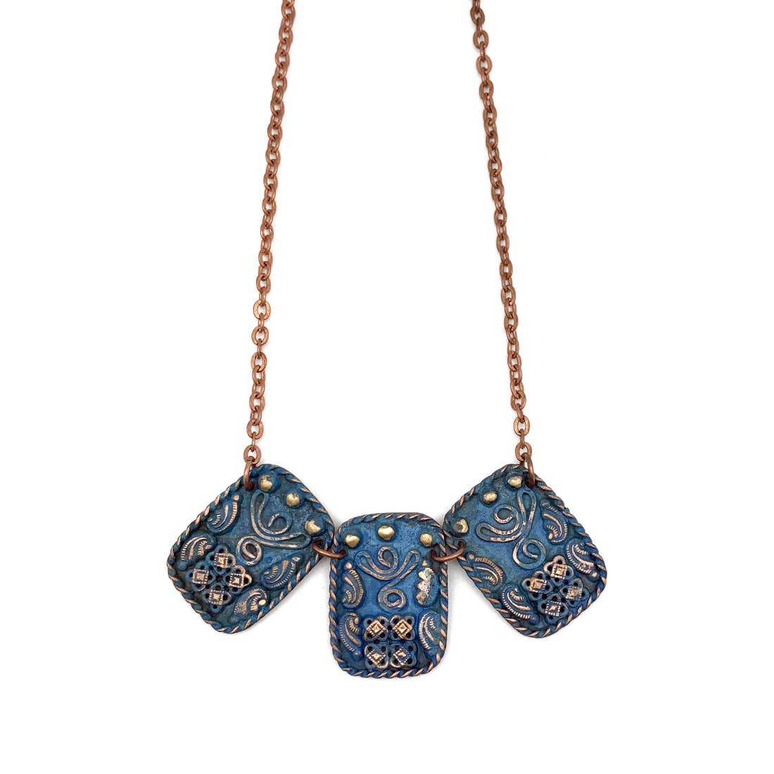 Copper Patina Necklace - Curly Lines Three Blue Rectangles