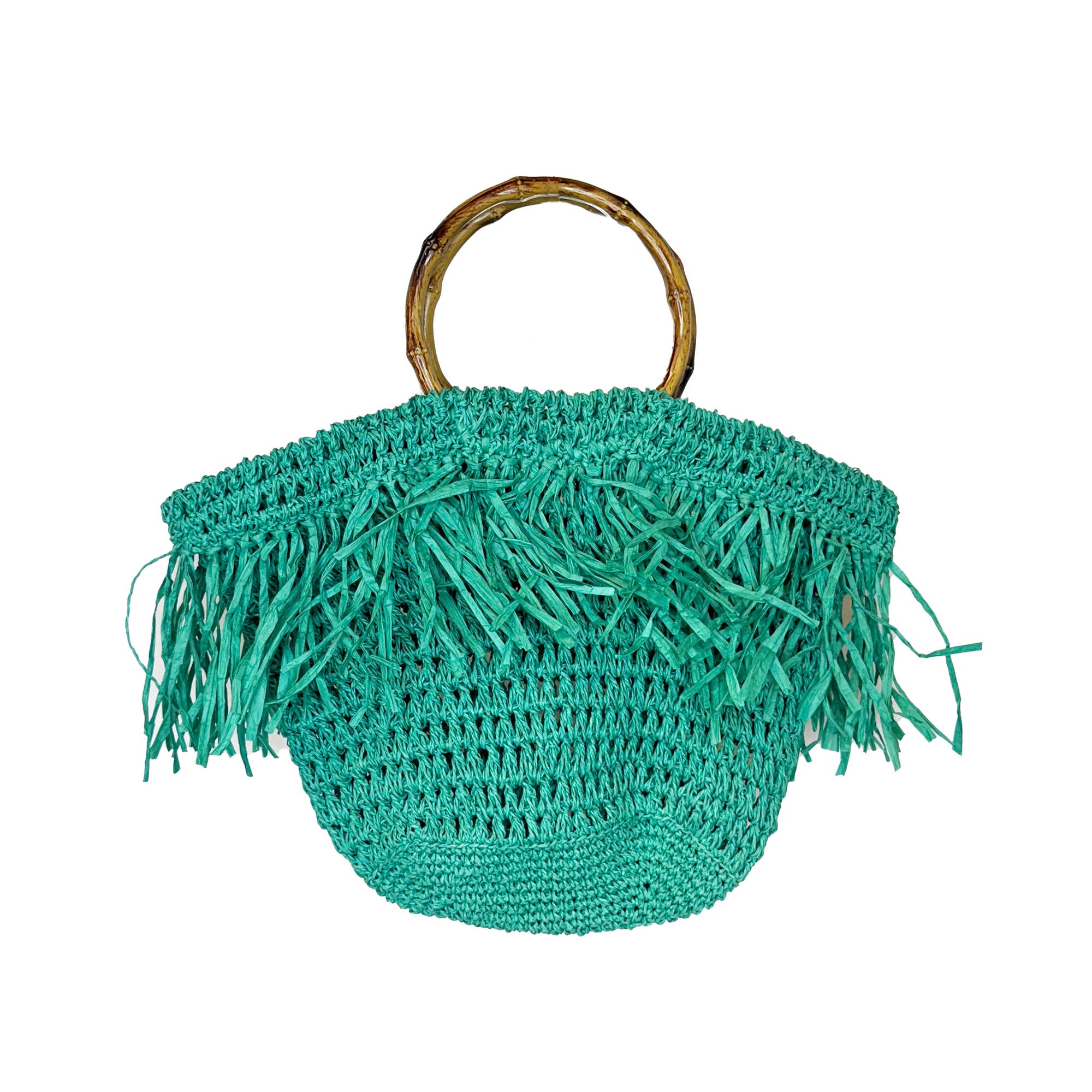 Santorini Bag - Green Raffia Fringe Bag with Wood Handle