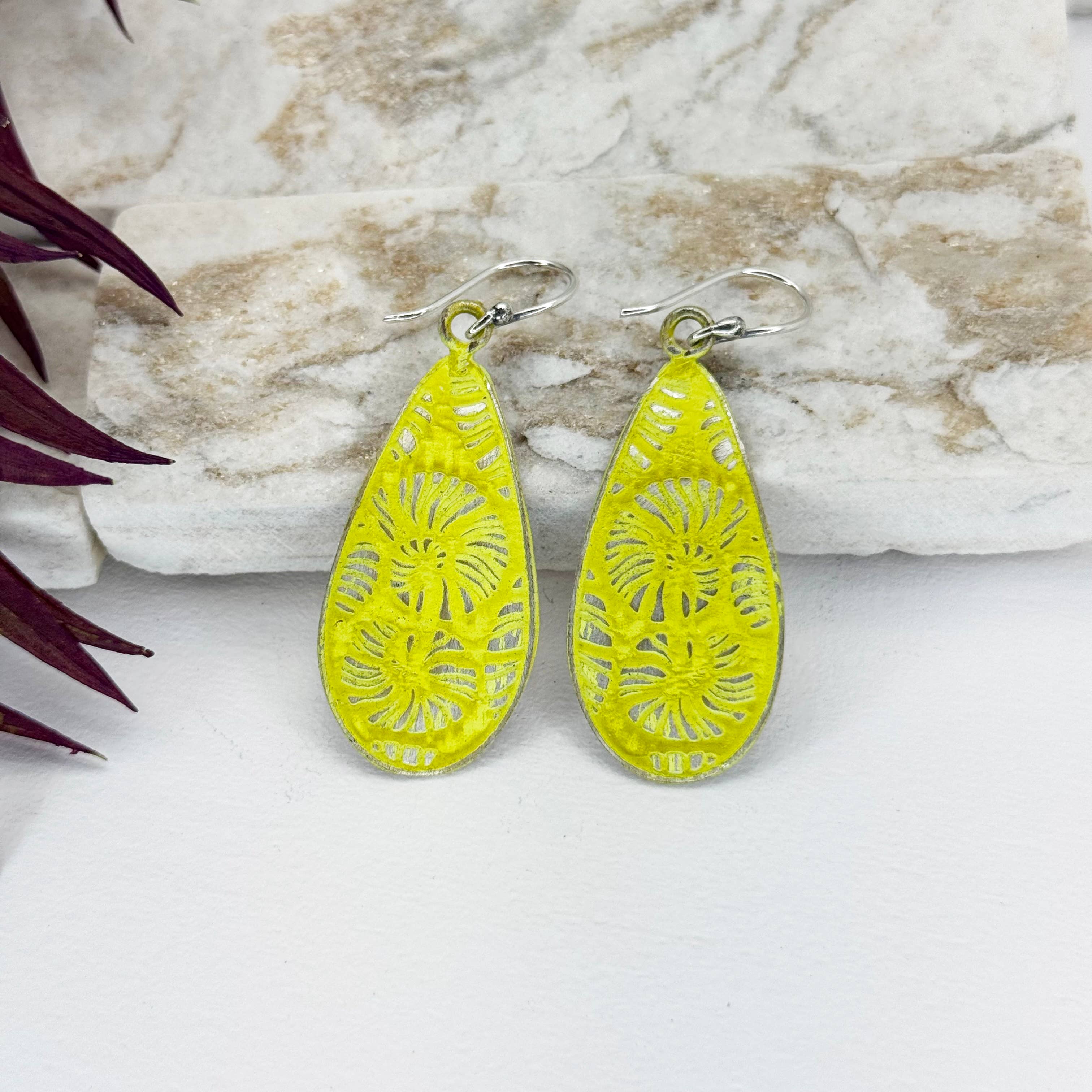 Handcrafted Yellow Floral Patina Earrings