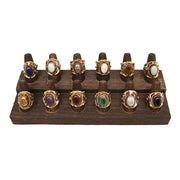 Semi Precious Stone Cuff Rings and Wooden Display - 12 Rings