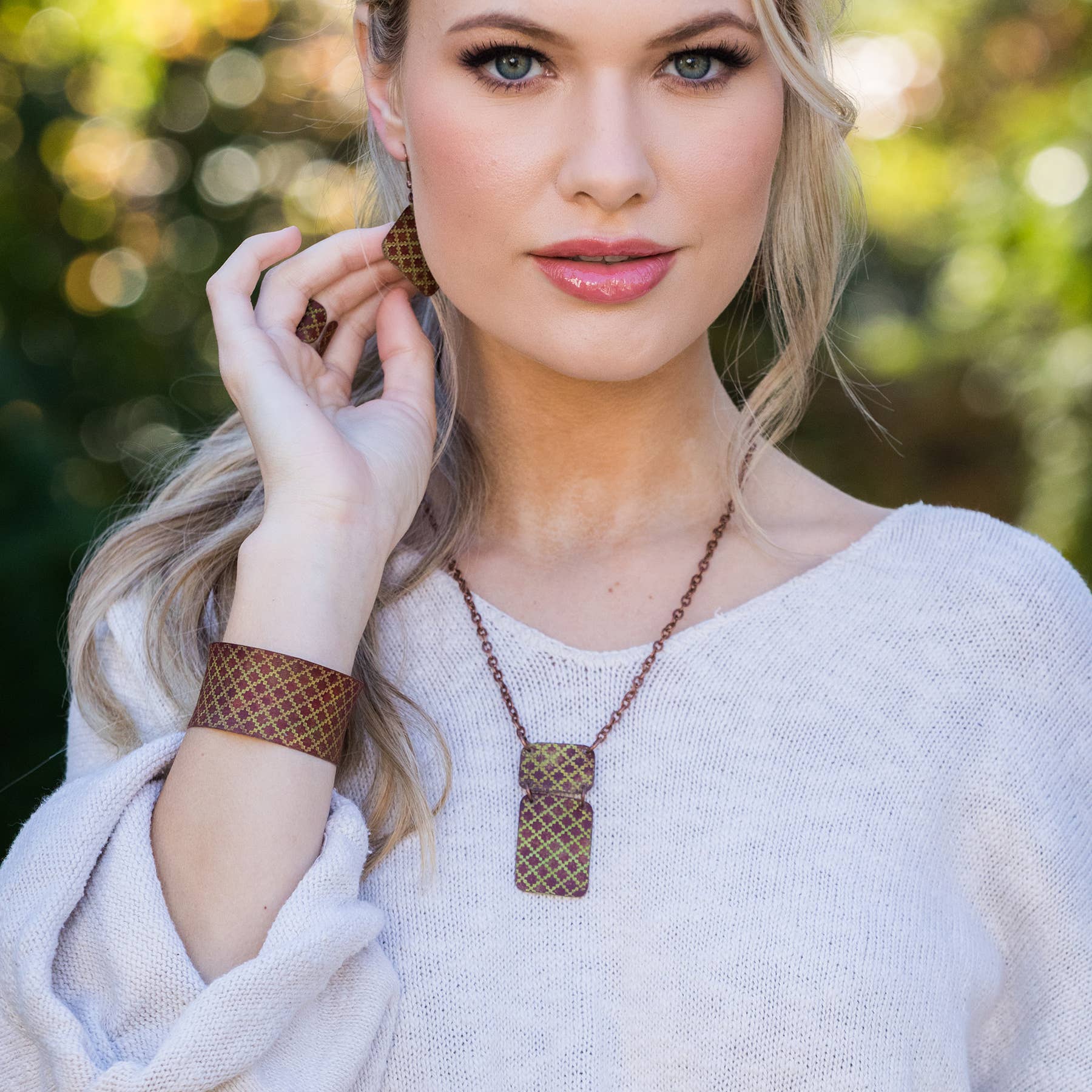 Copper Patina Necklace - Chartreuse Tile Pattern