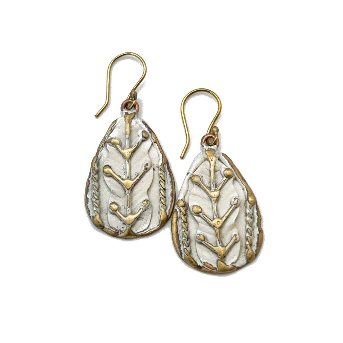 Handcrafted Antique White Dotted Leaf Brass Patina Earrings