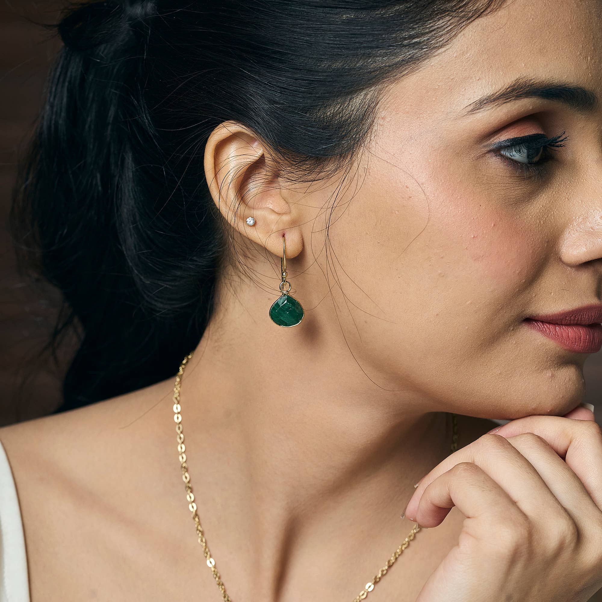 Gold Plated Earrings with Semi-Precious Stone - Mica Green