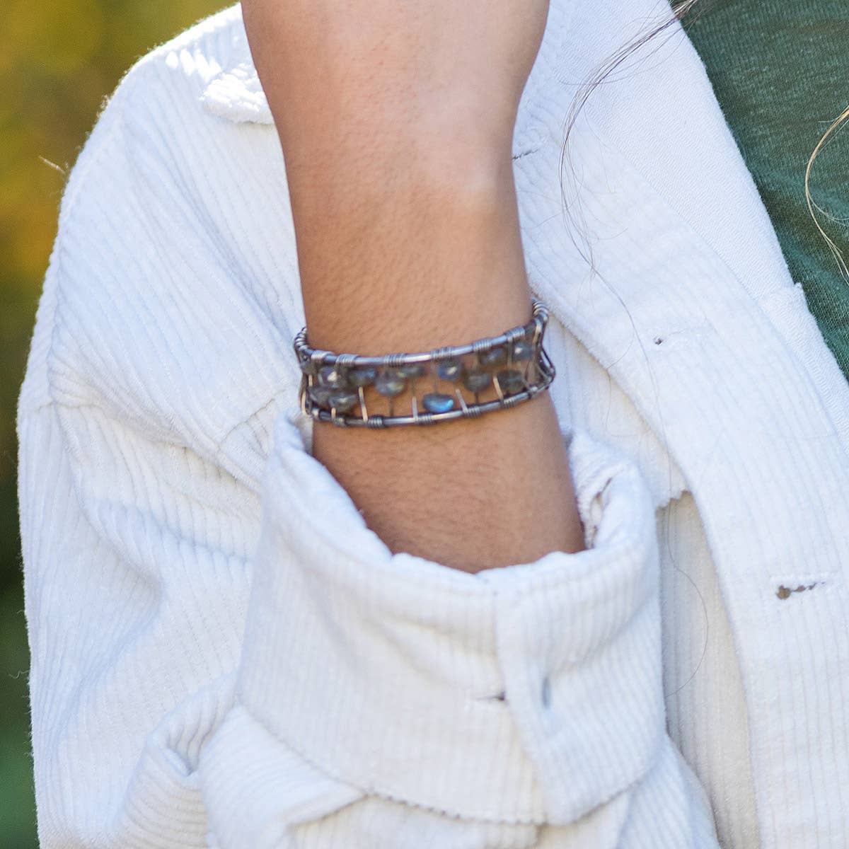 Wire-Wrapped Stone Cuff - Antique Silver with Labradorite