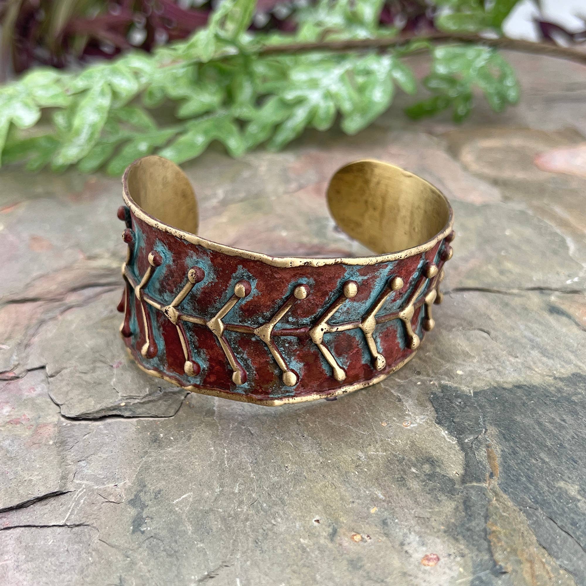 Brass Patina Cuff Bracelet - Rustic Blue Arrows