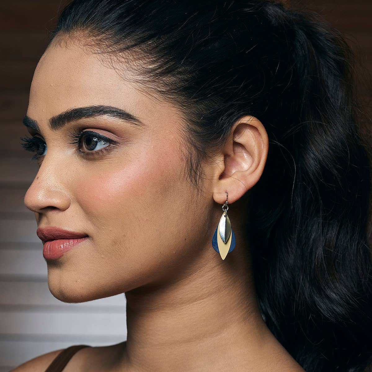 Handcrafted Blue & Tan Patina Layered Leaf Earrings