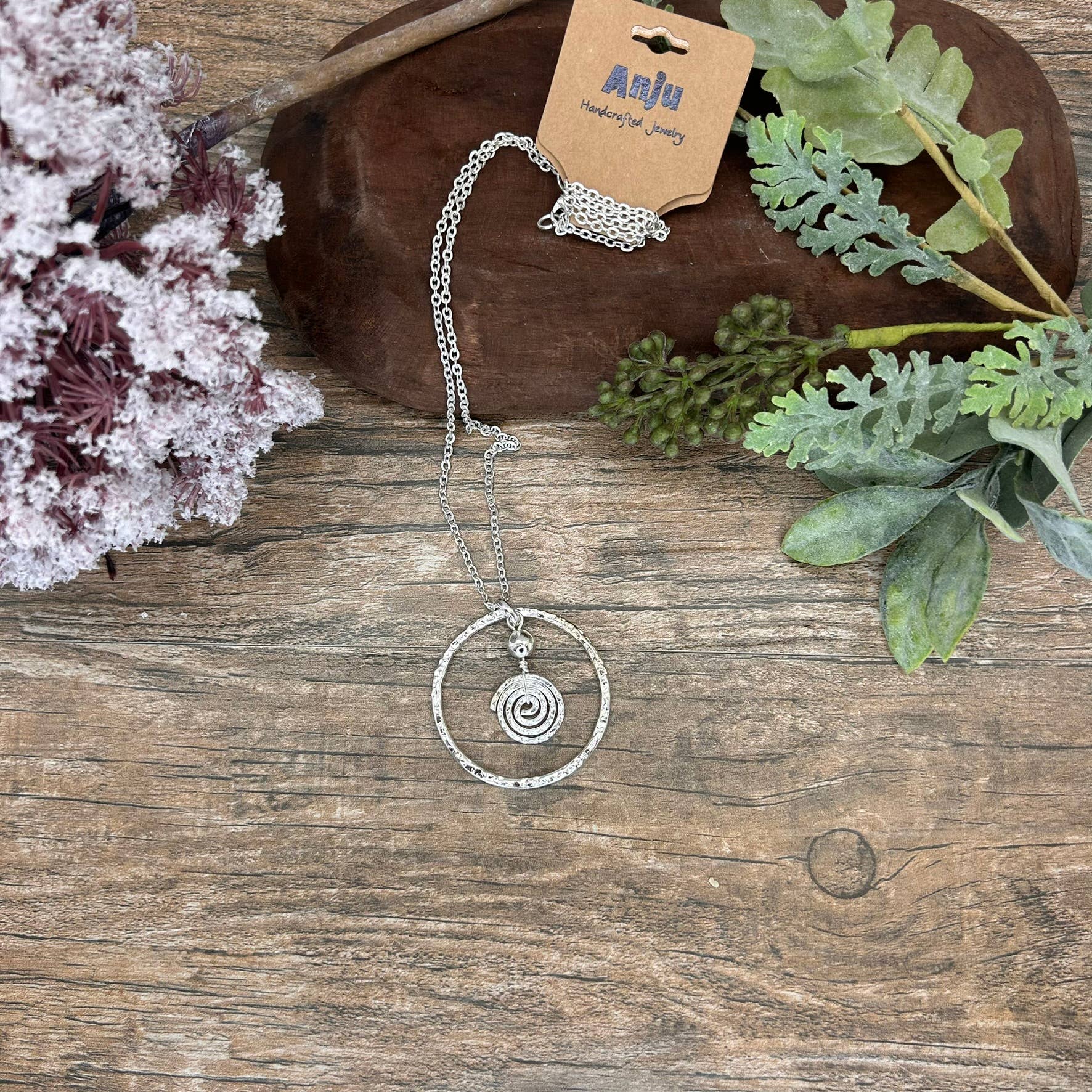 Silver Plated Pendant Necklace - Circle and Spiral