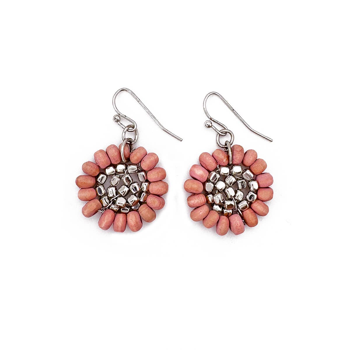 Sachi Wood Bead Flower Earrings - Pink