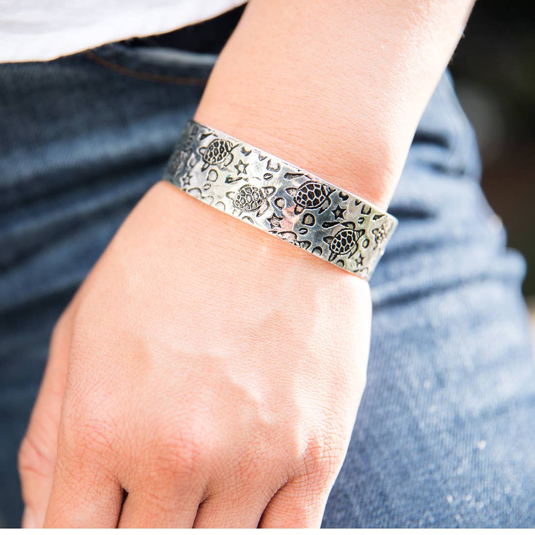 Turtle Silver Engraved Cuff Bracelet