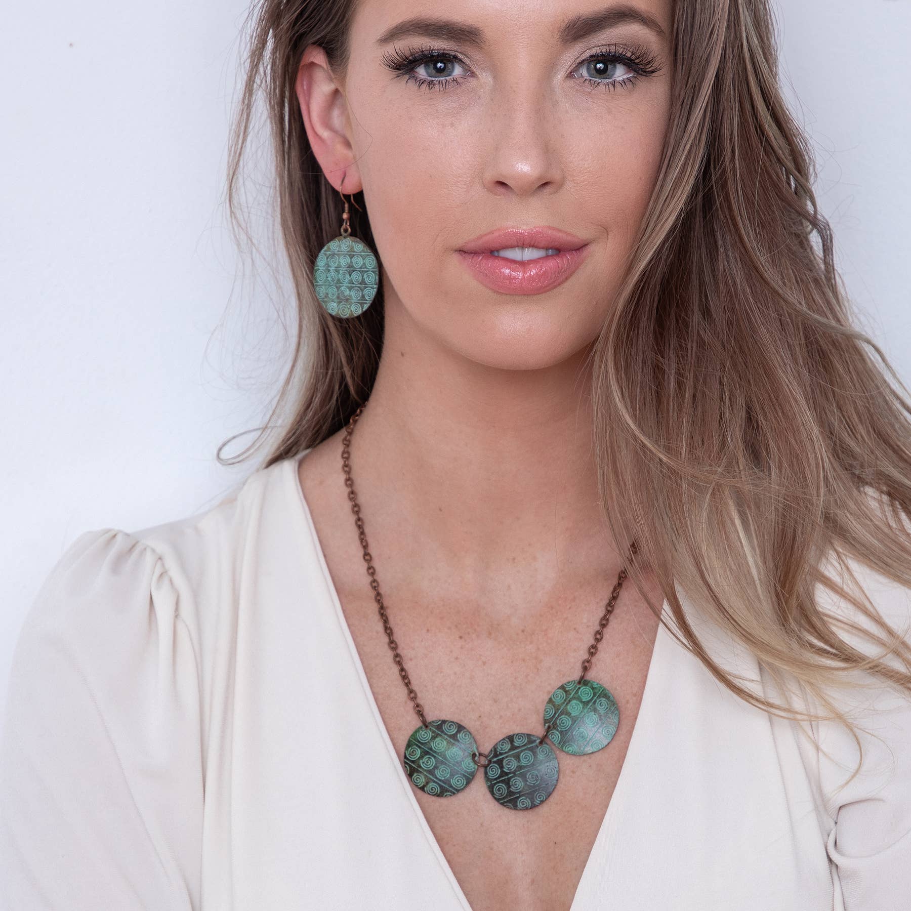 Copper Patina Necklace - Striped Spirals